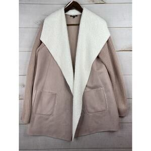 Lety & Me Knit Cardigan Womens XL Pink White Vegan Faux Suede/Fur Pockets Cozy